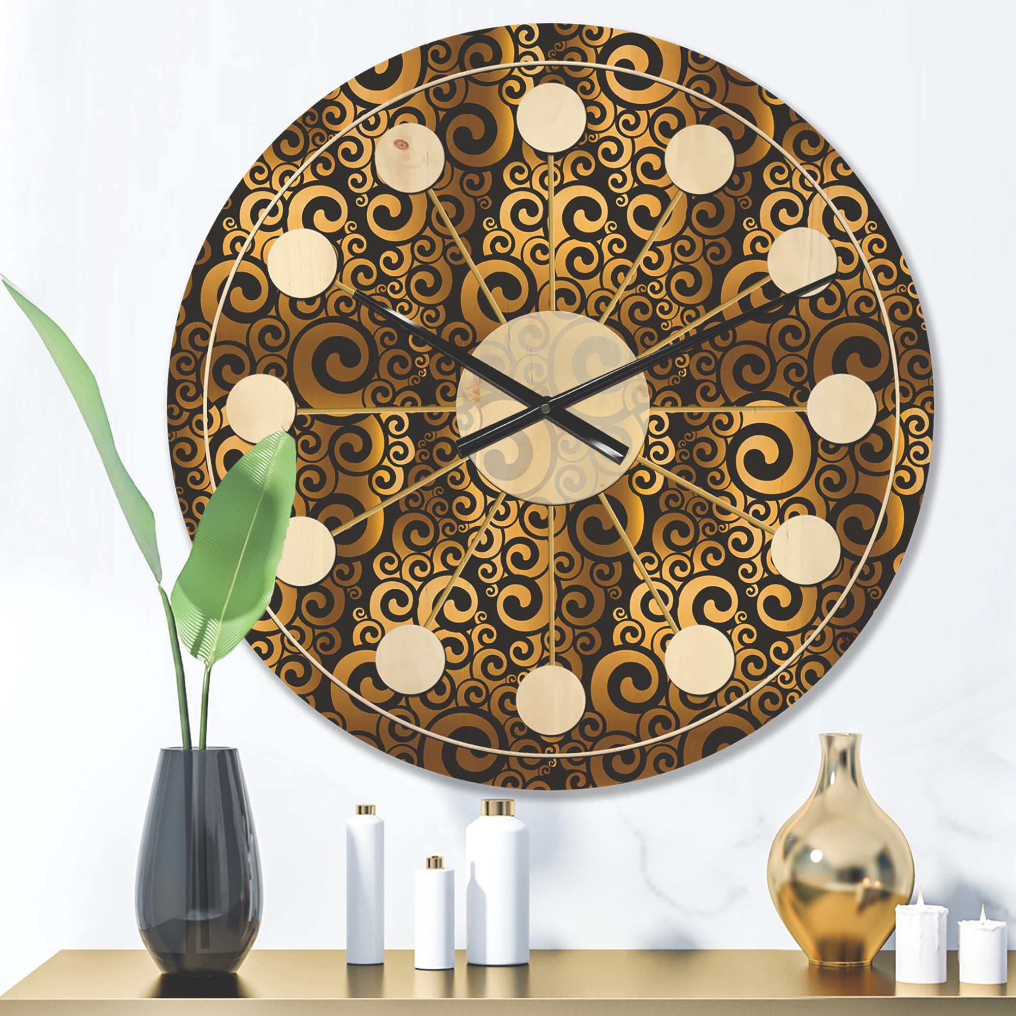 Designart 'Black and Gold Swirl I' Mid-Century Modern Wood Wall Clock