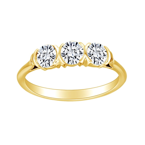 AFFY 1 Carat (Ctw) Round Shape White Natural Diamond Three Stone Engagement Wedding Ring In 14k Solid Yellow Gold Ring Size-6