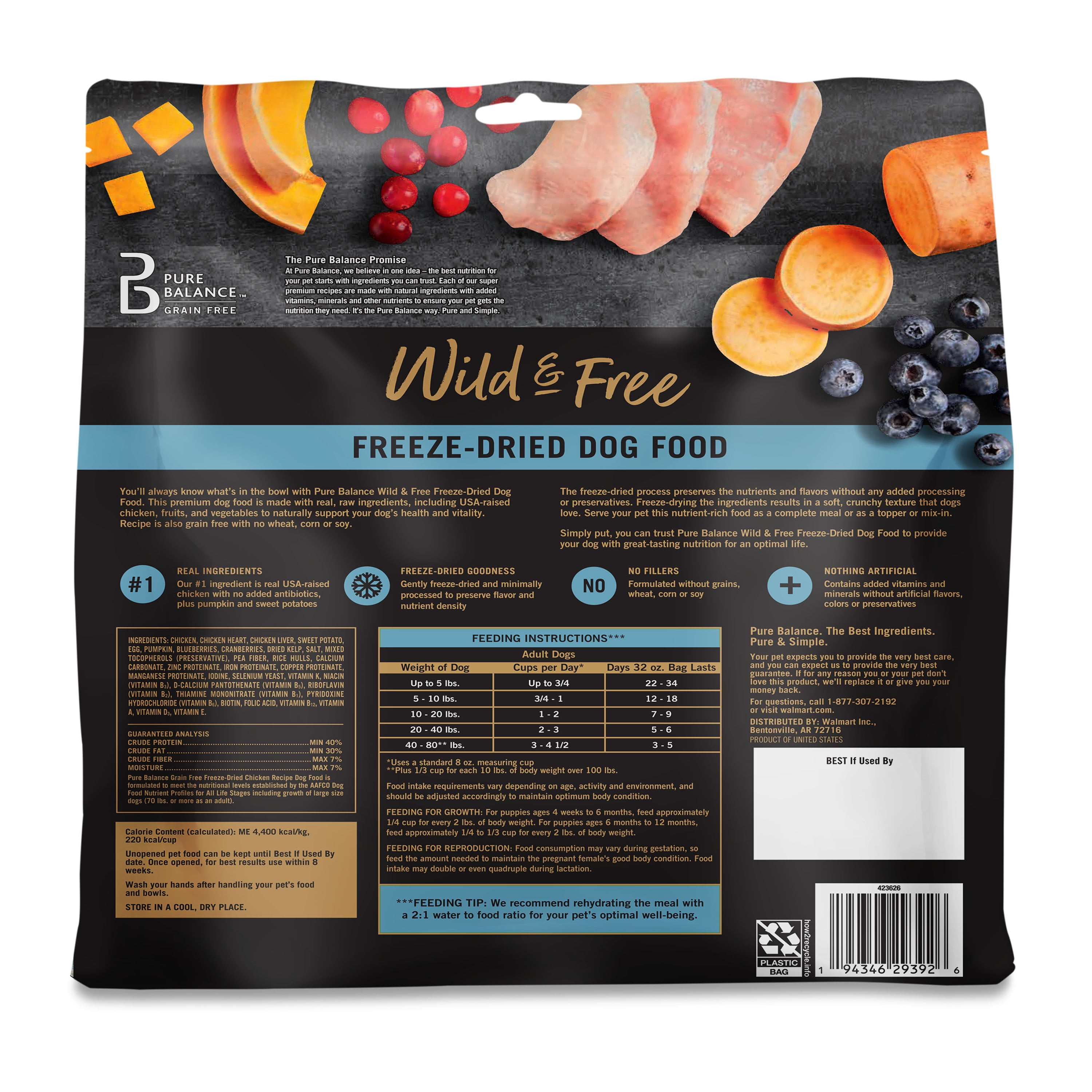 (12 pack) Pure Balance Wild & Free Freeze-Dried Dog Food, Chicken Recipe, 32 oz