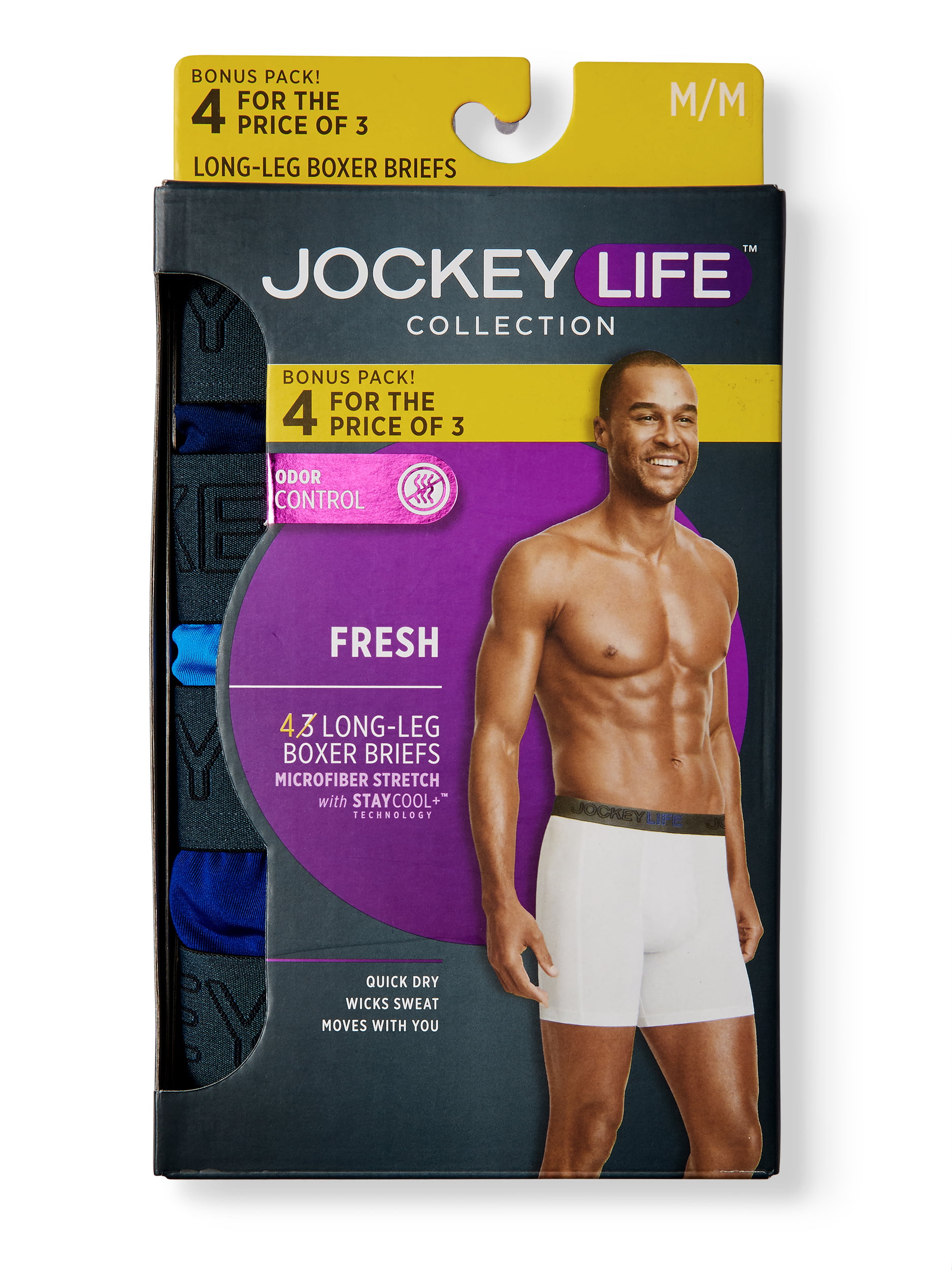 Jockey Life Men's Fresh Microfiber Long-Leg Boxer Brief 3+1 Bonus Pack 