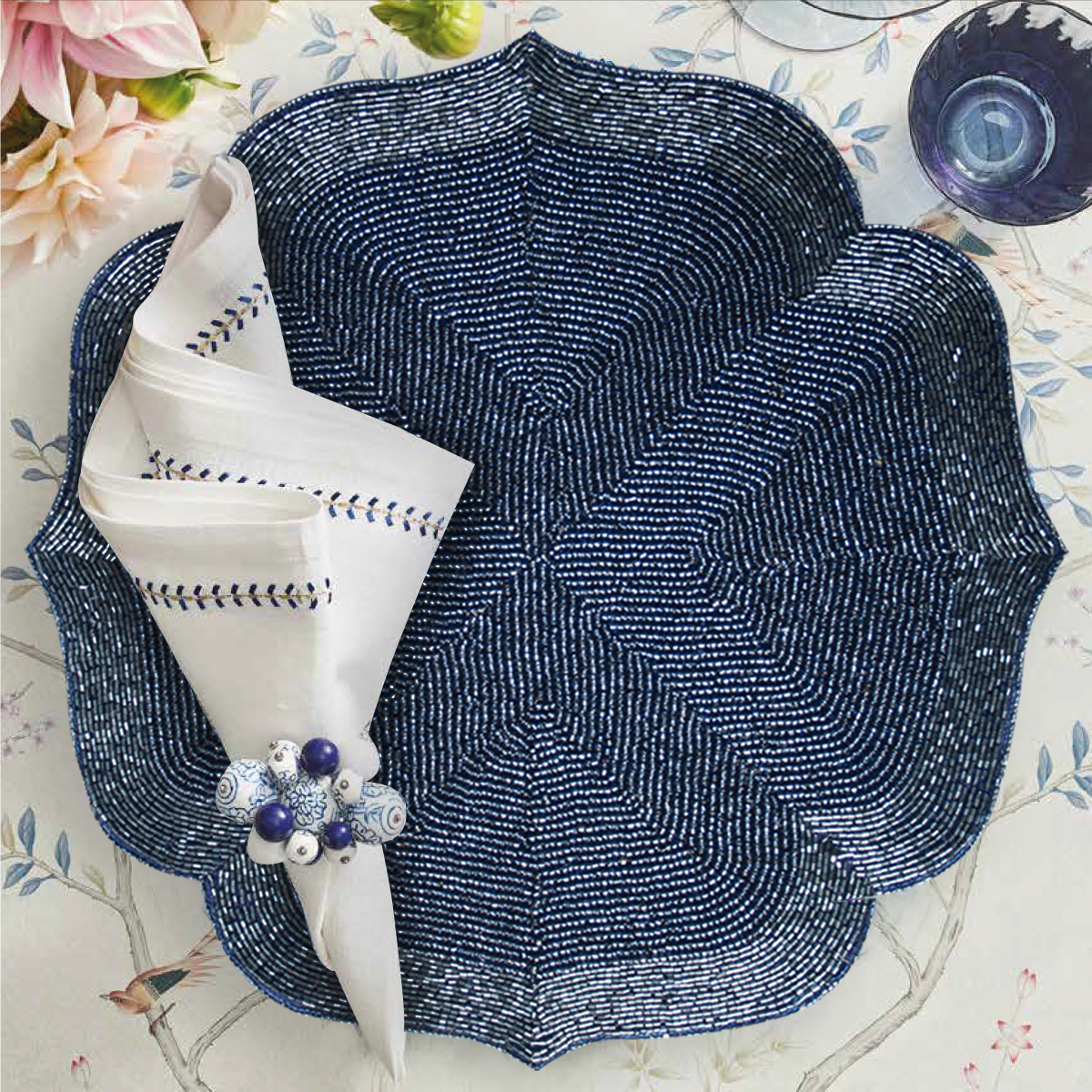 Blue Beaded Placemats Set of 2 for Dining Coffee Table Scratch Heat