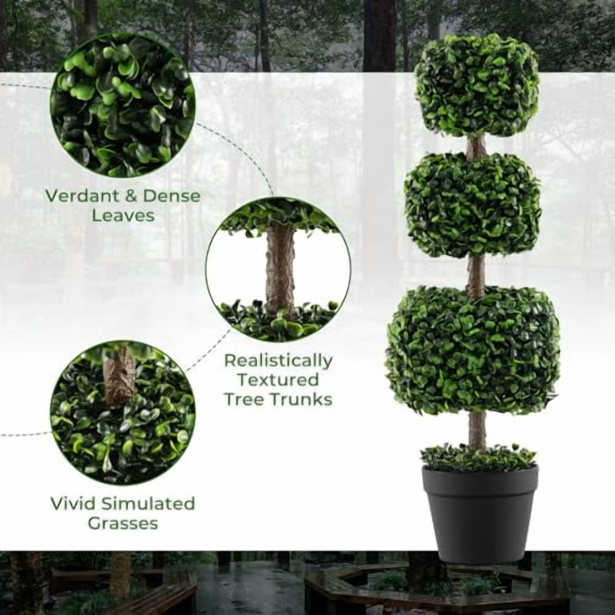 GOFLAME 35” Artificial Boxwood Topiary Tree, 2 Pack Faux Triple Square-Shaped Ball Tree with Cement-Filled Plastic Pot, UV Resistant Fake Shrubs Plant, Indoor Outdoor Potted Topiar