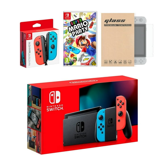 Nintendo Switch Red/Blue Joy-Con Console Bundle with an Extra Pair of Neon Red/Blue Joy-Con, Super Mario Party, and Mytrix Tempered Glass Screen Protector