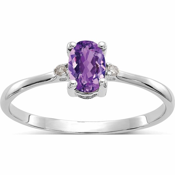 10K White Gold Polished Geniune Diamond & Amethyst Birthstone Ring (Size 6) Made In India 10xbr215