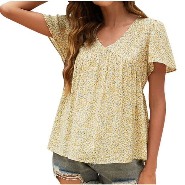 Blusas para Mujeres Casual, Impresión Floral Sólida de Gran Tamaño, Cuello de Manga Corta Blusa Superior