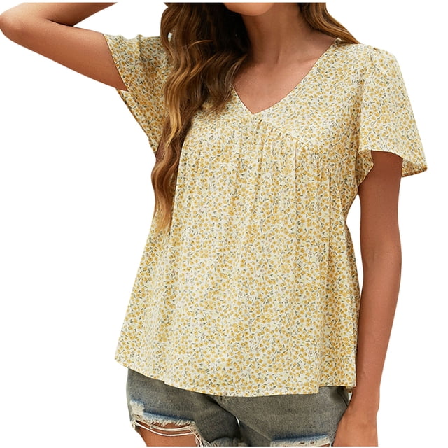 Blusas para Mujeres Casual, Impresión Floral Sólida de Gran Tamaño, Cuello de Manga Corta Blusa Superior