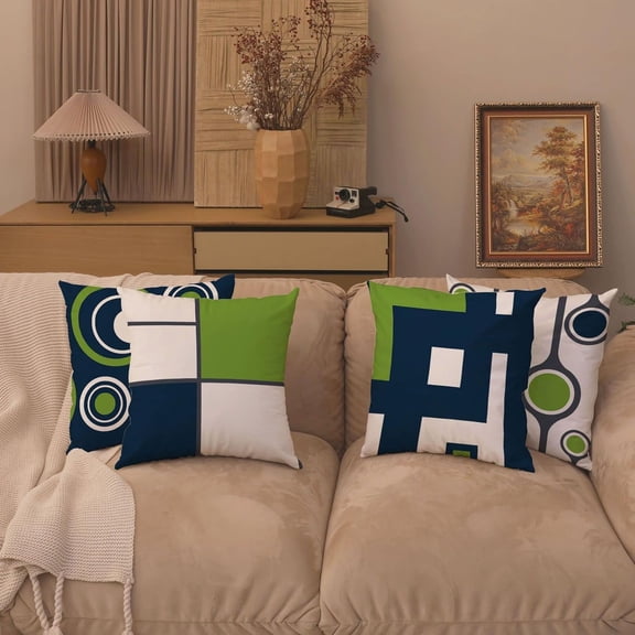 Pillow Covers 20x20 Blue and Green, Outdoor Geometric Green Blue Patio Throw Pillow Covers Set of 4 Durable Linen Abstract Pillows Cases Zipper Closure for Couch Sofa Living Room Home Décor