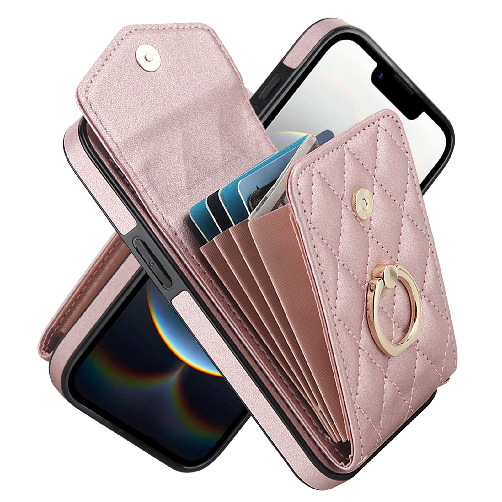 Asuwish Wallet RFID Blocking PU Leather Cell Phone Case with Tempered Glass Screen Protector, Wrist Strap for iPhone 16e, Rose Gold