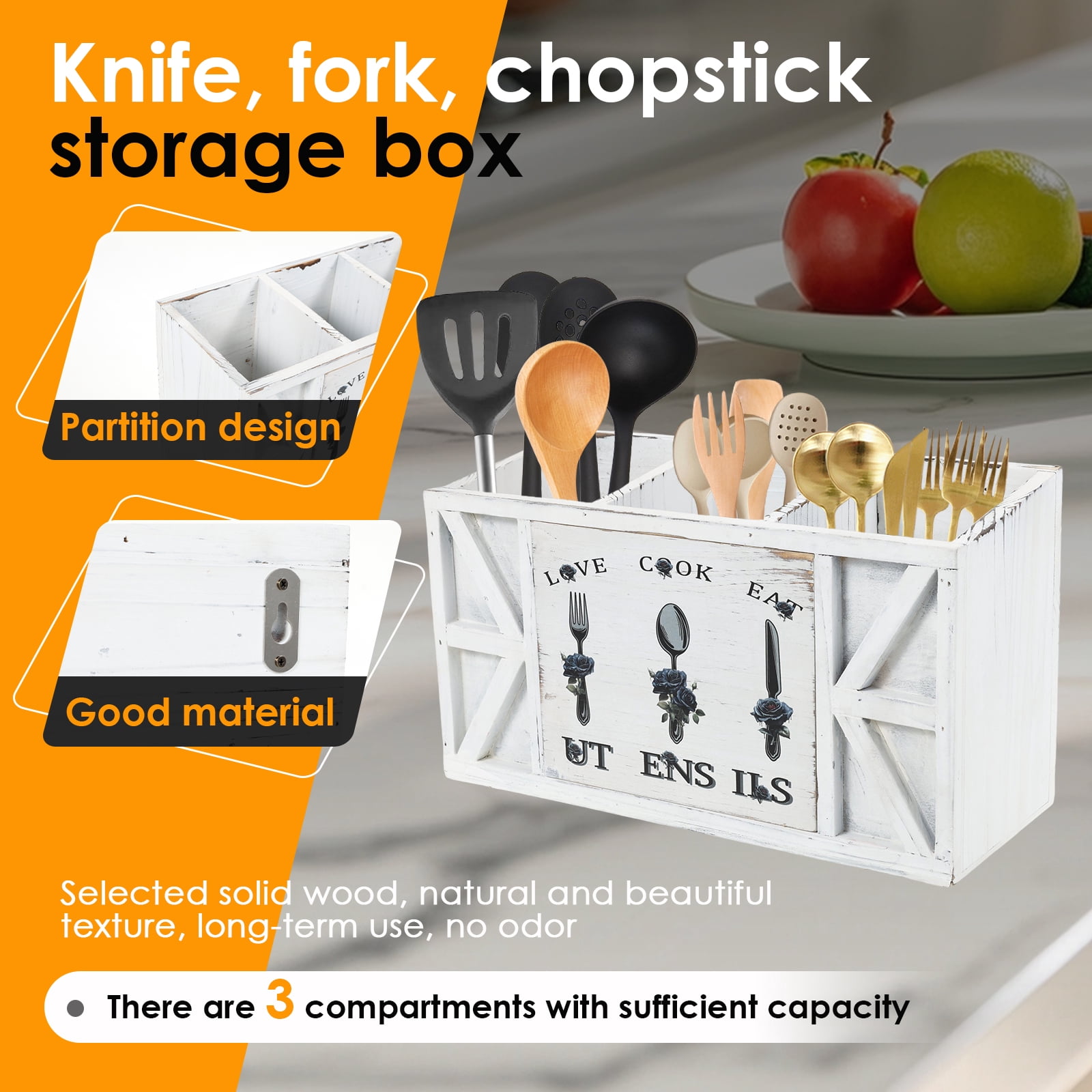 Tzdxfgl Wood Kitchen Utensil Holder for Countertop, Silverware Organizer with 3 Compartments, Large, White