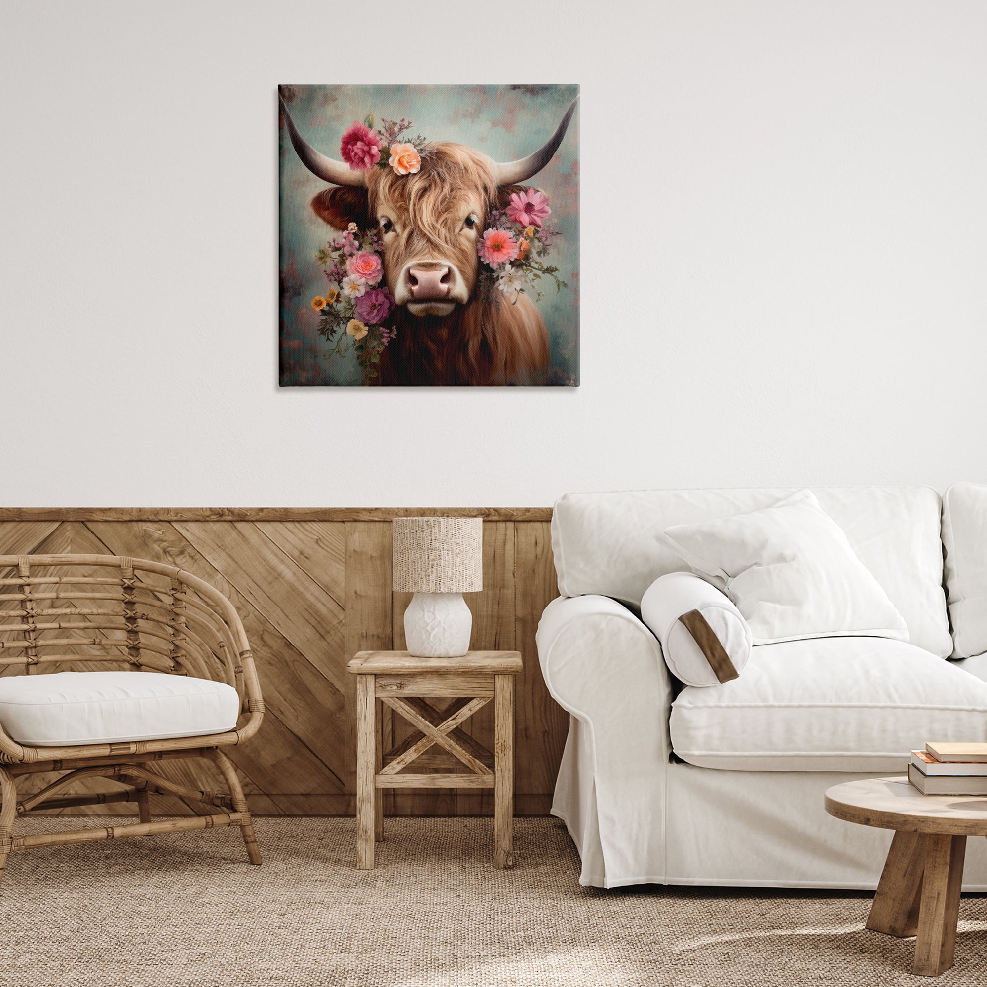 Stupell Industries Cattle with Gerbera Daisies Animals & Insects Painting Gallery Wrapped Canvas Art Print Wall Art, 30 x 30