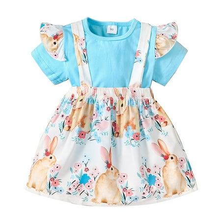 

Easter Kids Toddler Baby Girls Short Ruffled Sleeve T Shirt Tops Cute Cartoon Rabbit Suspender Skirt Outfits Set 2PCS