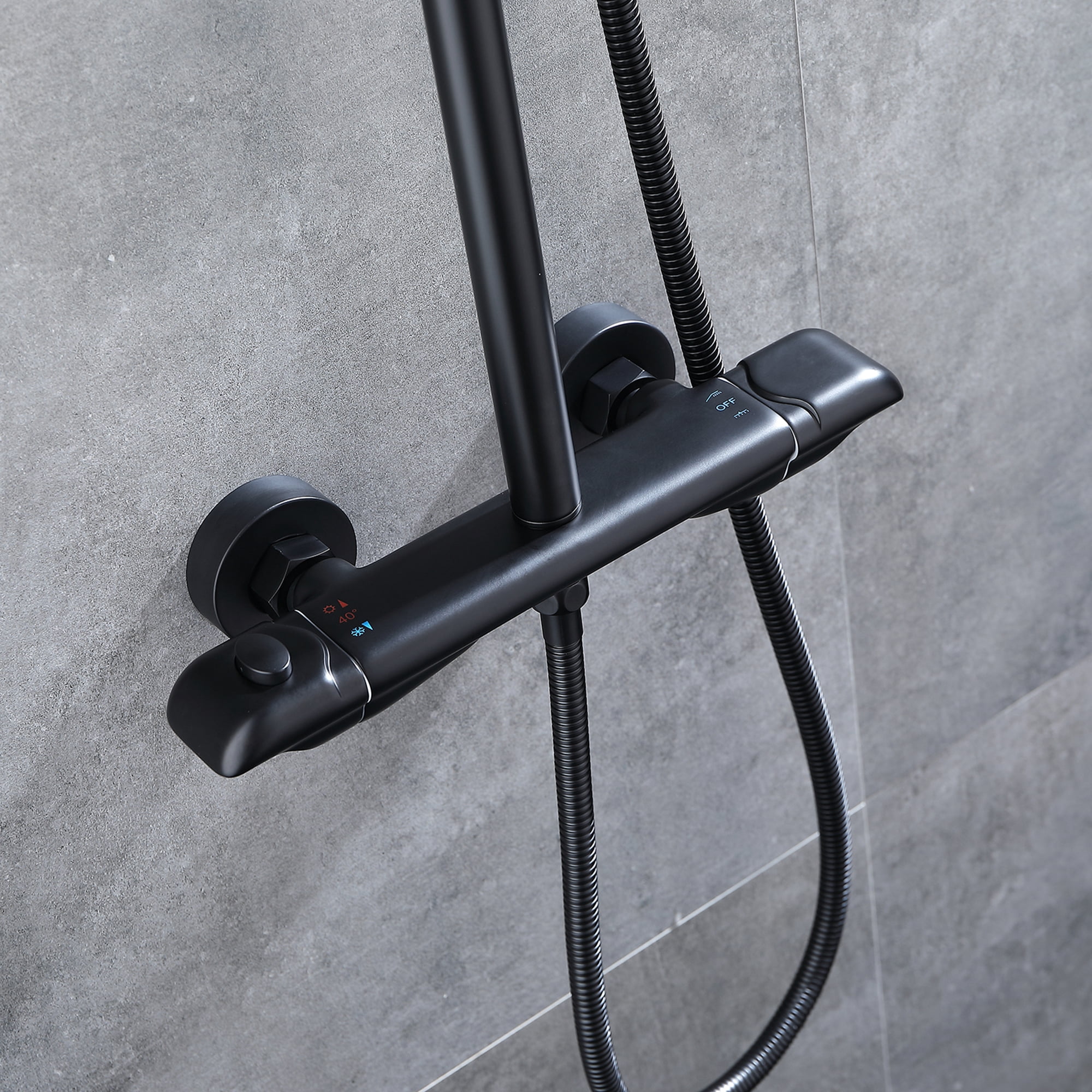 Exposed Shower System with Brass Thermostatic Shower Valve, Wall Mounted Shower Faucet Set with Height Adjustable Rain Shower Head and Handheld
