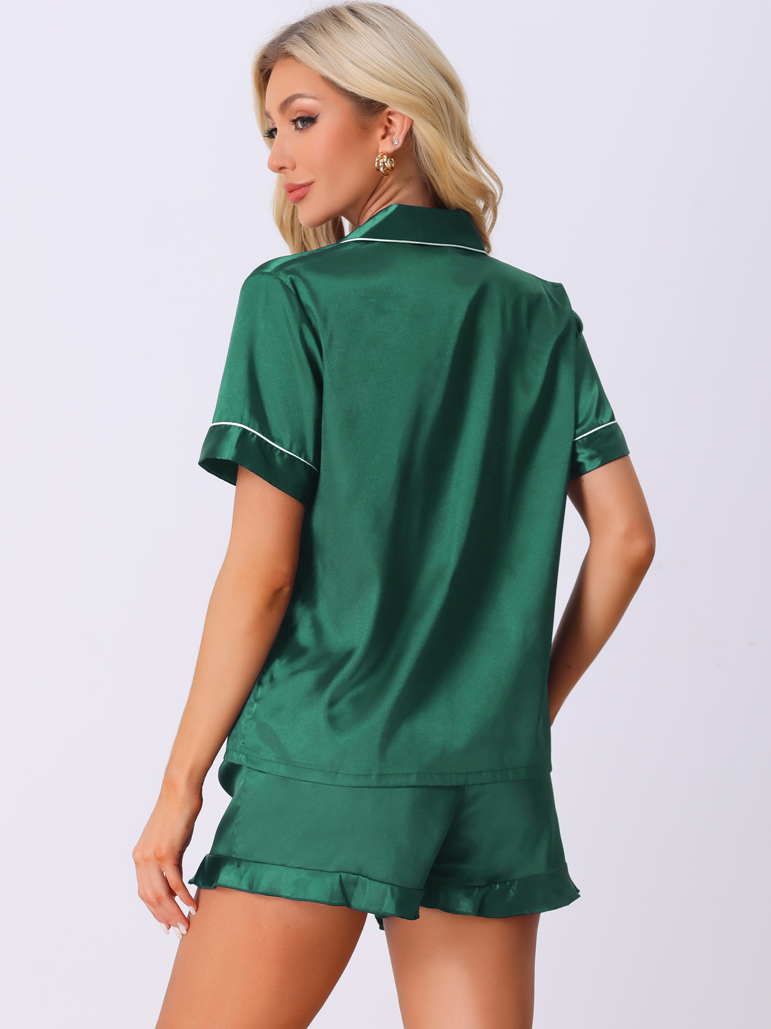 DARING DIVA Women's 2 Pcs Satin Silky Lounge Sets Ruffle Sleepwear Green 2XL
