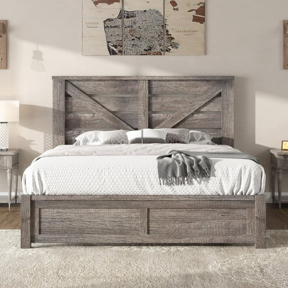 Papajet Queen Size Farmhouse Bed Frame with Barn Door Headboard, Wood Slats and Storage Space, Grey