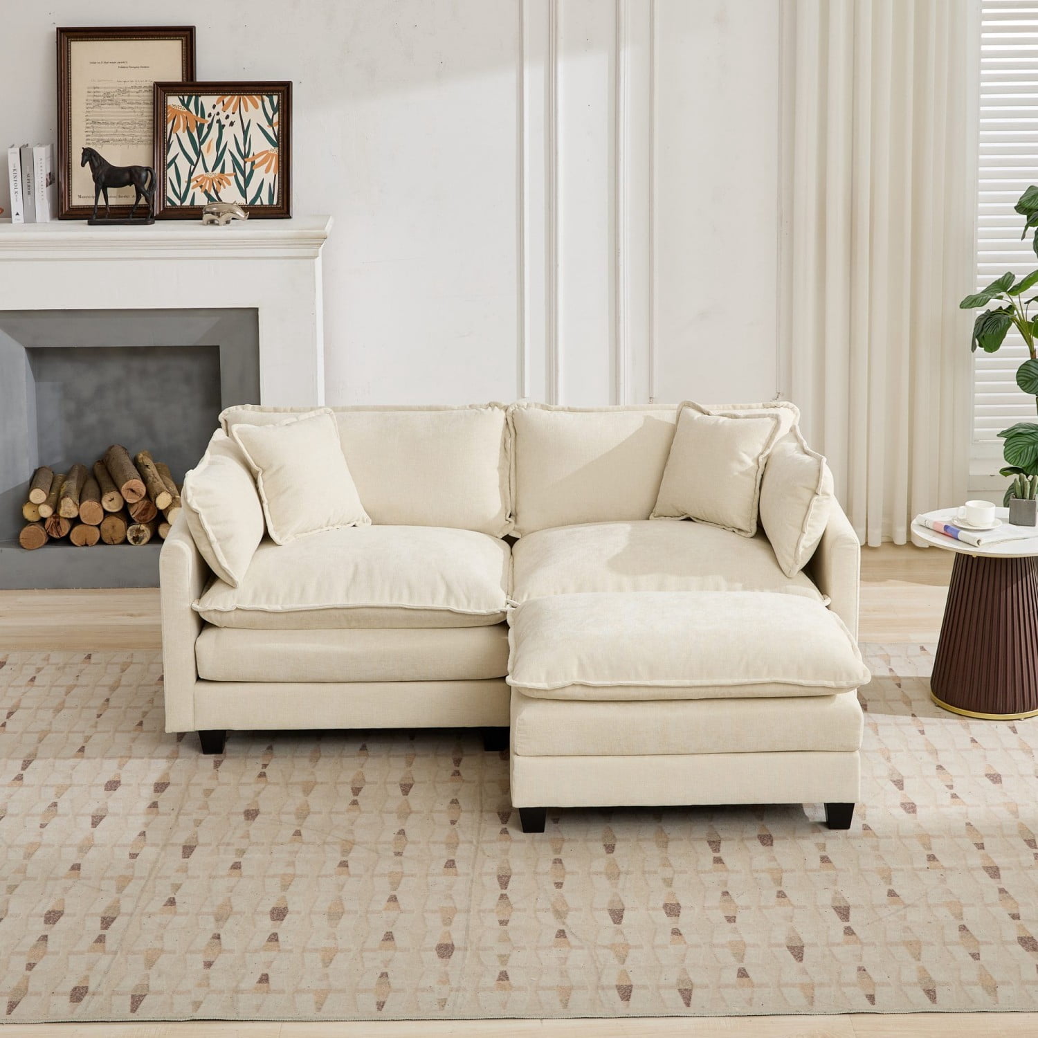 Cloud Sofa Ottoman, Modular Oversized Ottoman for Sectional Couch, Chenille Upholstered Footrest Stool for Living Room, Bedroom, Apartment, Beige