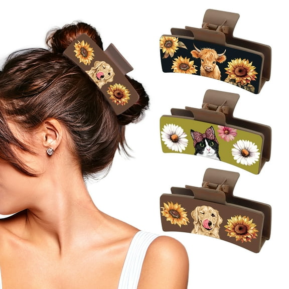 WIRESTER Set of 3pcs 4.13" Highland Cattle Hair Claw Clips For Women & Girls - Tuxedo Cat, Golden Retriever, Sunflowers Highland Cow