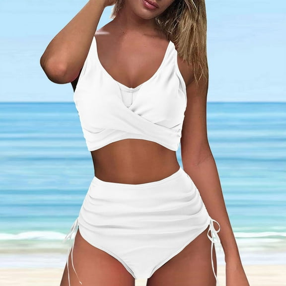Wycnly Womens Swimsuits Two Piece Swimsuits for Women Two Piece Swimsuits Bikini Set Summer with Padded Beach High Waist Drawstring Swim Suit Women's Swimsuits