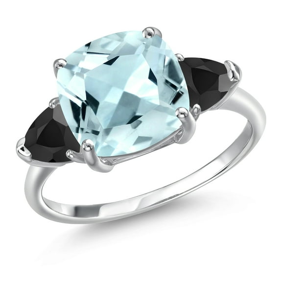 Gem Stone King 10K White Gold Sky Blue Simulated Aquamarine and Black Onyx Engagement Ring for Women | 4.52 Cttw | Cushion 10MM | Gemstone March Birthstone | Size 6