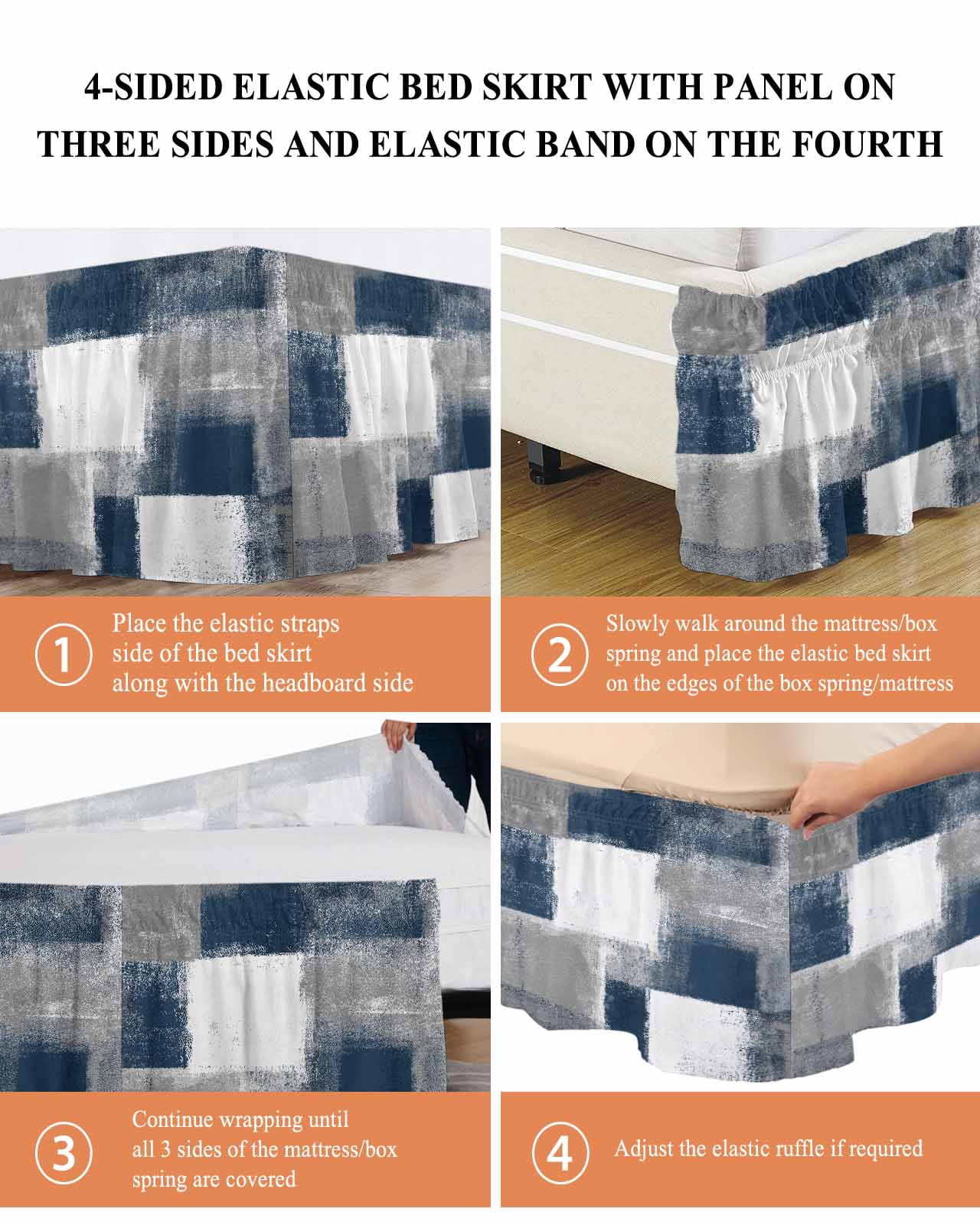Navy Grey Abstract Art Bed Skirt Queen Size 16" Drop White Graffiti Retro Gradient Ruffled Wrap Around Bed Skirts Adjustable Elastic Bedskirt Dust Ruffle for Queen Size Bed