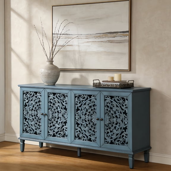 Atumcto 60" Farmhouse Sideboard Cabinet with Carved Wood Doors, 2 Adjustable Shelves, Vintage Home Storage Cabinet with Solid Wood Legs, Antique Blue