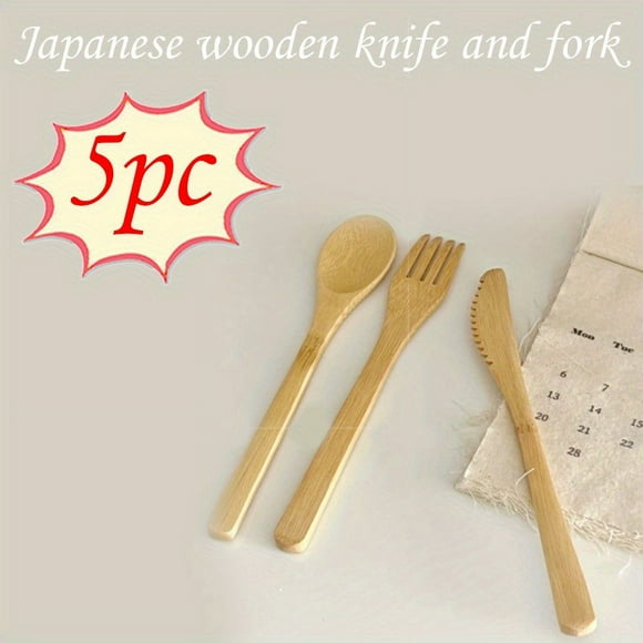 QUTETN 4pcs set of household essentials, Japanese-style bamboo knife, fork and spoon set, cute steak knife and fork set for home use, Western-style tableware, Internet celebrity bamboo fork and spoon