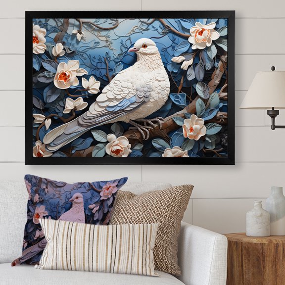 Designart "Dove Bird in Blue and White I" Animals Framed Wall Art Decor - Modern White Dove Entryway Framed Wall Art