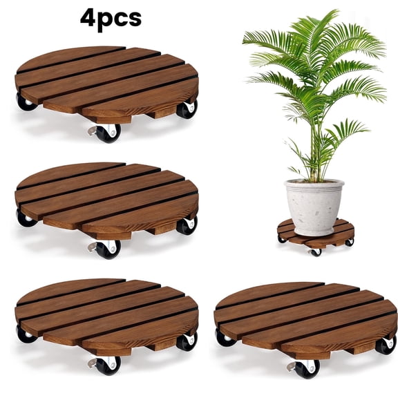 Yomfey 4-Pack 12-Inch Wooden Plant Caddy with Lockable Wheels, Heavy Duty Rolling Plant Stand for Large Pots, Round Wood Plant Dolly Supports up to 170 lbs Each