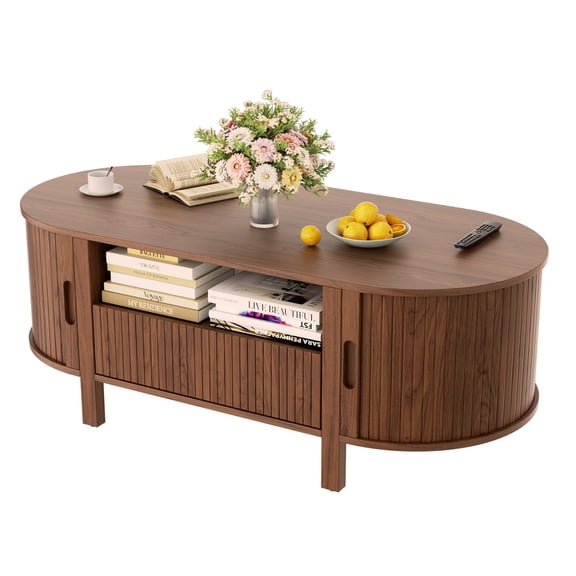 MARNUR Table Basse avec Rangement et Porte Coulissante à Tambour, Table Centrale Milieu du Siècle Moderne avec Tiroir pour Salon, Noyer