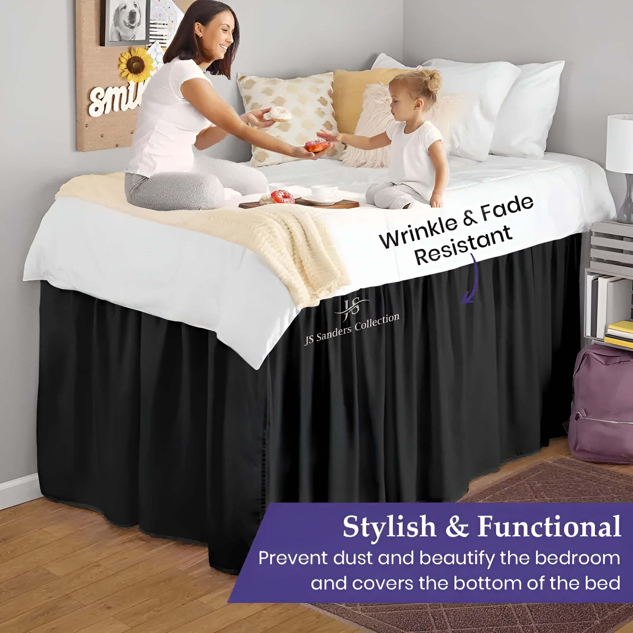 AUQ Dorm Bed Skirt Twin XL Size 32" Drop Black Solid Bed Skirt Stylish Ruffled Pattern Split Corner Easy Fit Easy Care Fade&Wrinkle Resistant-Polycotton Made