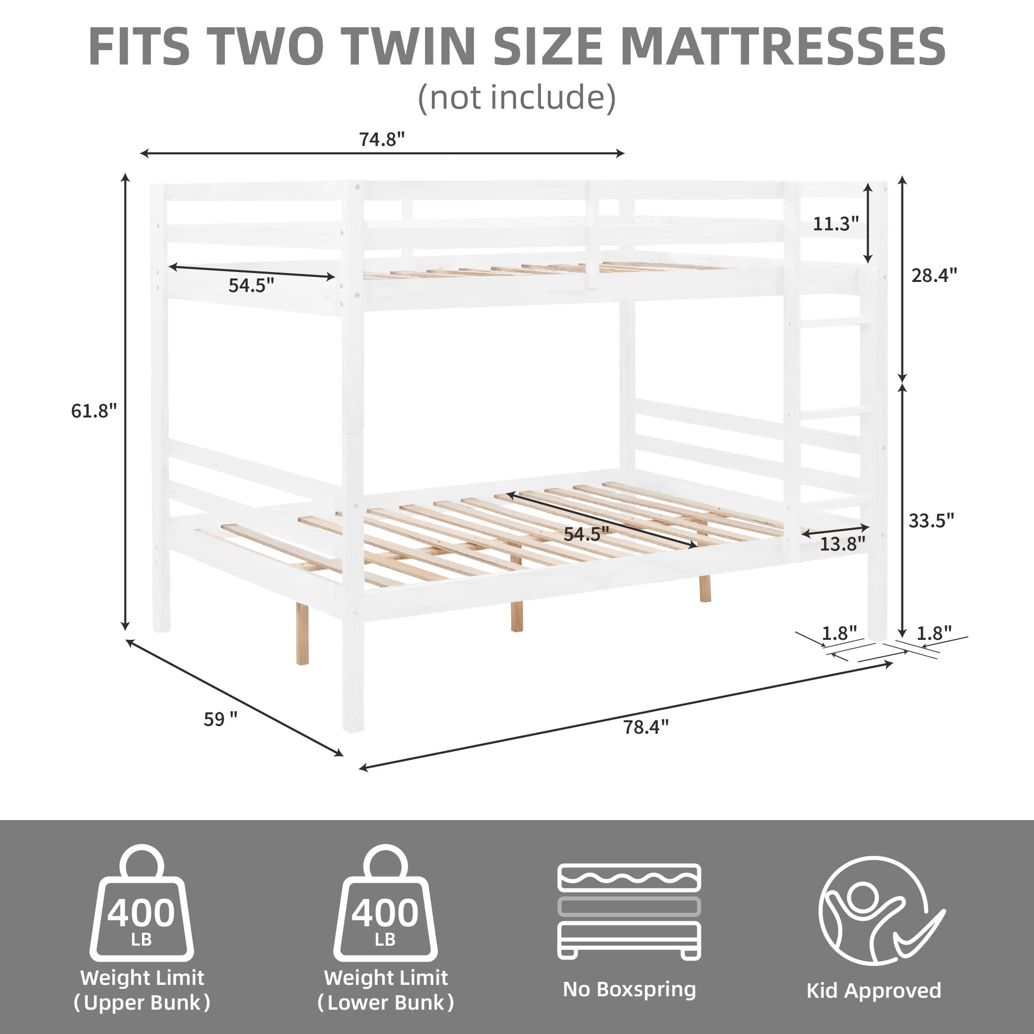 MAYEERTY Full over Full Bunk Bed with Ladder and High Guardrail, Solid Wood Bed Frame, Space-Saving for Kids Teens Dorm Rooms Guest Rooms, No Box Spring Needed