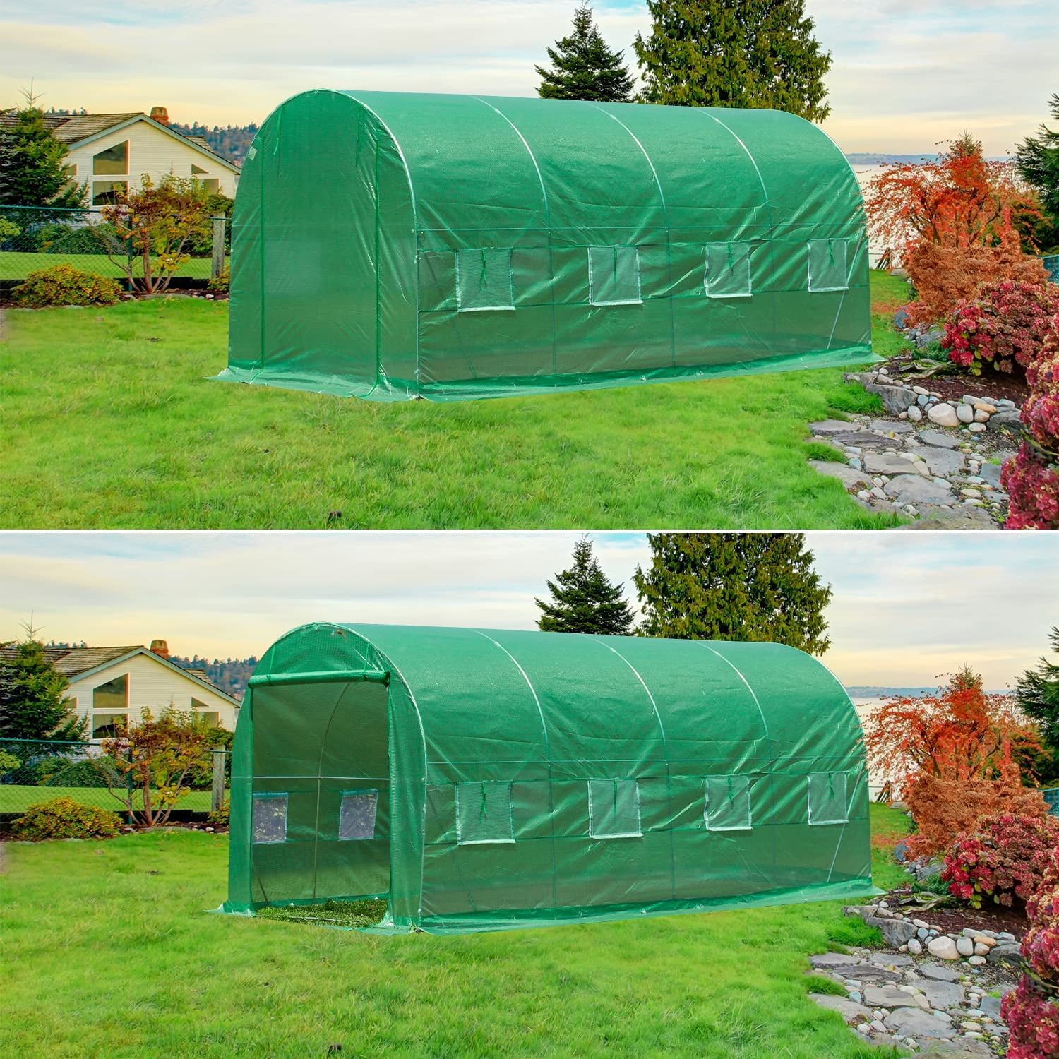 Upgraded Large Walk-in Greenhouse Tunnel Garden Plant Hot Green House for Outside Heavy Duty Winter EROMMY 15'×6.6'×6.6' Greenhouse Green Portable Greenhouse with Reinforced Frame&8 Screen Windows 