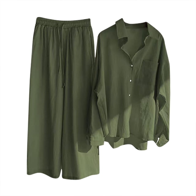 Summer Savings Clearance! Bxsruta 2 Piece Outfits for Women Single- Long-Sleeved Lapel Shirts Wide Leg Pants Sets Oversized Matching Lounge Sets Cotton Linen Dressy Casual Tracksuits Sets