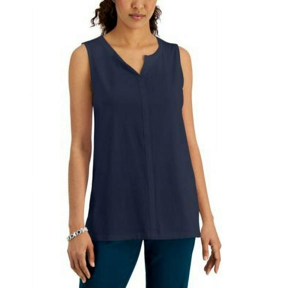 MSRP $13 Karen Scott Women Split-Neck Tunic Tank Top Navy Size Medium