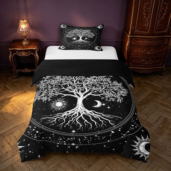 Homewish Hippie Tree of Life Twin Duvet Cover, Cosmos Stars Moon Sun Twin Bedding, White Black, Black Reversible 2-Piece, 1 Duvet Cover and 1 Pillowcase