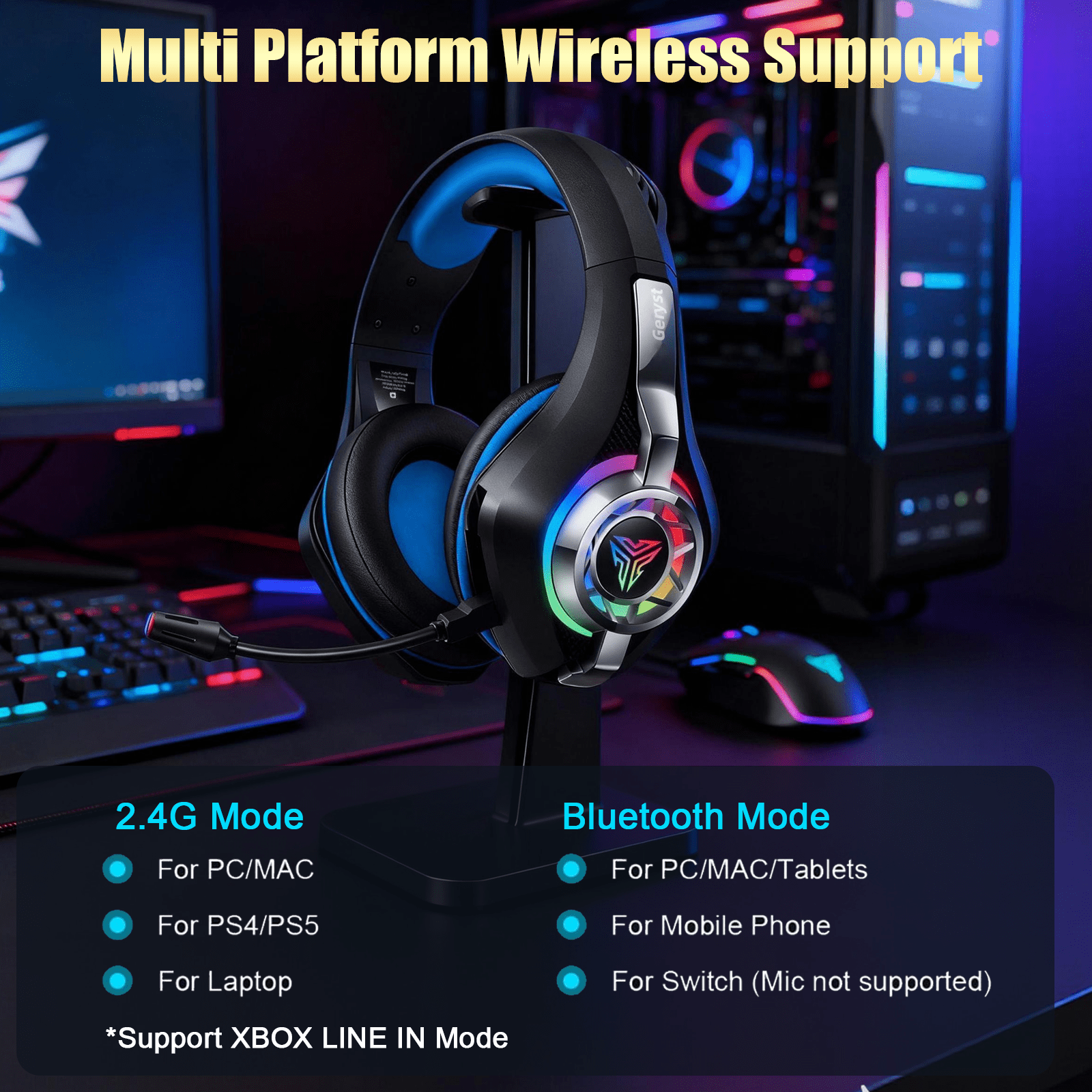 2.4GHz Wireless Gaming Headset for PS4/PS5/Xbox/Switch/PC, Bluetooth Over Ear Headphones with ENC Noise Cancelling Mic,7.1 Stereo Surround Sound, 40mm Drivers, RGB Light, 45H Battery Gaming Headphone