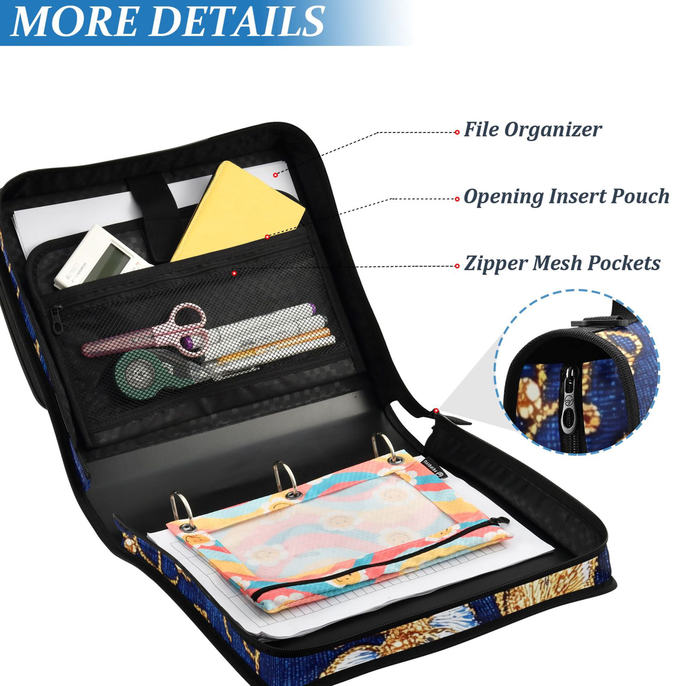 3 Ring Zipper Binder with Shoulder Strap Waterproof Trapper Keeper 2 Inch D-Ring 500 Sheets Capacity Colorful Embroidered Flower