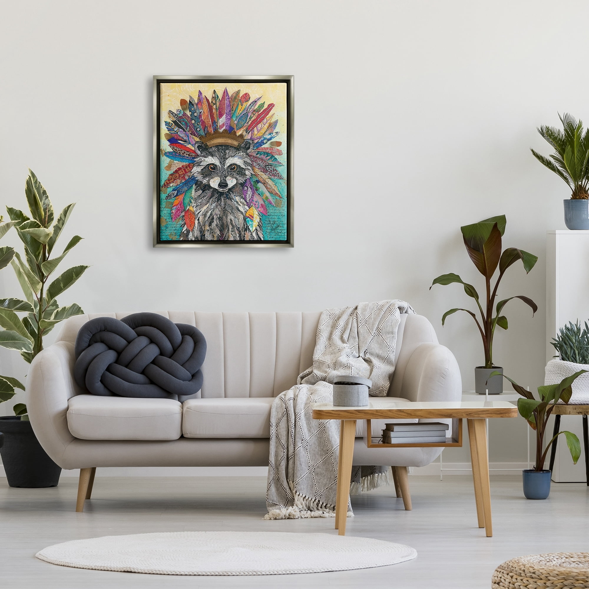 Stupell Industries Bold Tribal Raccoon Mixed Ephemera Collage Painting Painting Luster Gray Floating Framed Canvas Print Wall Art, Design by Lisa Morales