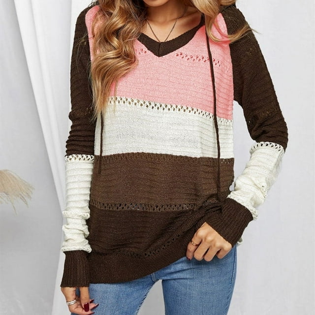 Chandails à Capuche en Tricot de Couleur pour Femmes à Manches Longues et Col Rond Pull Pull-Over (Gris-2XL)