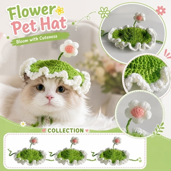 Pet Knitted Flower Hat for Cats and Dogs, Cute Floral Animal Hat with Knitted Decoration, Soft Pet Headwear for Photo(M,Green)