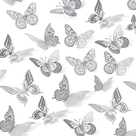 LAMIRO 3D Butterfly Wall Decor 48pcs,Silver Butterfly