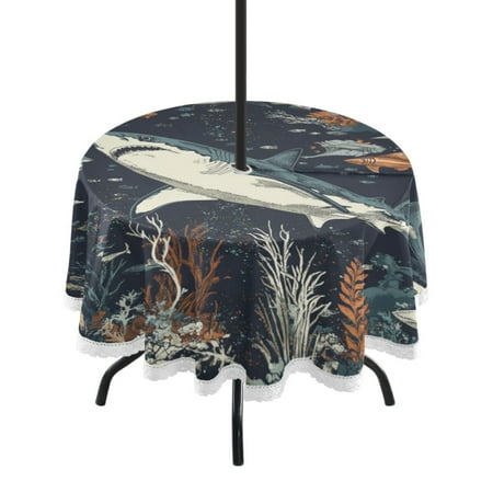 

60 Outdoor Round Tablecloth with Umbrella Hole & White Lace Trim Waterproof Patio Table Cover for Garden Kitchen Dining Sharks and Sea Creatures
