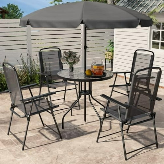6 Piece Folding  Dining Set with Umbrella, Outdoor Table and Chair with 4 Dining Chairs and Round Glass Table for Garden, Backyard and Deck, Black