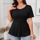 thumbnail image 1 of Camisas de Manga Corta para las Mujeres Color Sólido Hueco Empalme Cuello Redondo Blusas, Moda Casual Top de Verano, 1 of 7