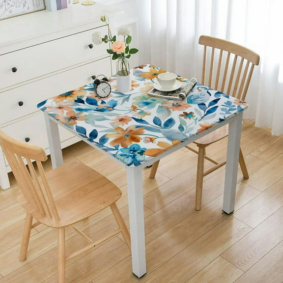 HAOXIT Elastic Edged Flannel Backed Vinyl Fitted Table Cover - Floating Pattern - Fits Square Tables white