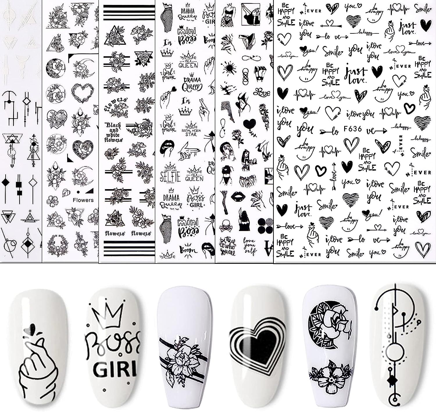 YOKSAS 6 Sheets Minimalist Black Geometric Heart Flower Girls Nail Art