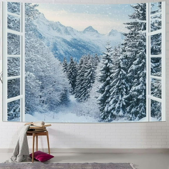 Fenyluxe Winter Forest Tapestry, Christmas Pine Tree with Snowflake and White Window Wall Tapestry for Bedroom, Mountain Landscape Wall Hanging Tapestry Wall Art for Living Room Home Decor 60x50inch