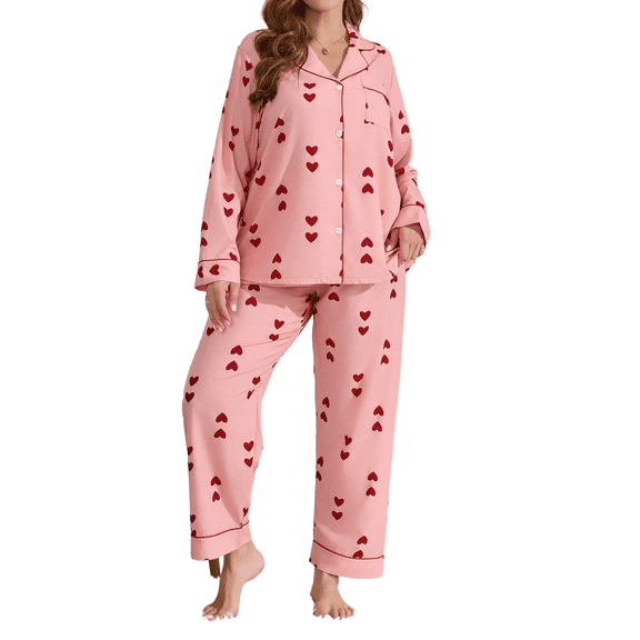 Gleelaud Women's Plus Size Heart Print Pajama Set, Long Sleeve Button‑Down Top & Long Pants Loungewear Sleepwear for Ladies