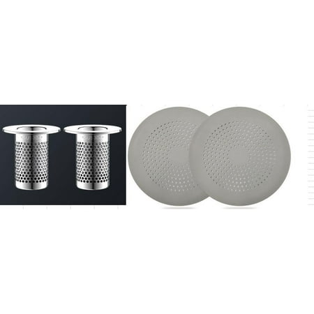 

NUOLUX 2Pcs Silicone Round Drain Cover Hair Catcher with 2 Stainless Steel Sink Drain Strainer for Bathroom Bathtub Kitchen