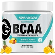 Honey Badger BCAA Amino Acids Electrolytes Powder, Keto, Vegan, Sugar Free BCAAs + EAA with L-Glutamine For Men & Women, Hydration & Post Workout Muscle Recovery Drink Mix, Tropical Punch, 30 Servings