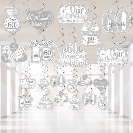 24 Pieces 60th Anniversary Hanging Swirls Decorations, 60th Diamond Wedding Anniversary Hanging Swirls Ceiling Decorations for Couple, Happy Anniversary Valentine Party Supplies